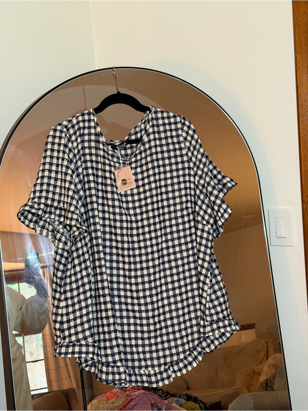 BloomChic Navy and Cream Gingham Ruffle-Sleeve Dress - Picture 5 of 7